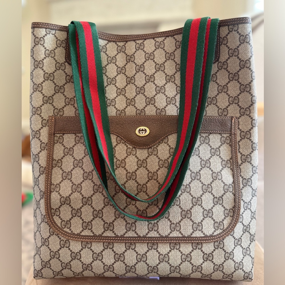 Gucci Vintage GG Supreme Monogram Tote with Green & Red Web Handle